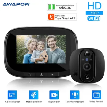 Awapow Tuya Smart WiFi Peephole 1080P WiFi Peephole Video Kamera 4.3 Palcový Nočné Videnie Video Zvonček Kamera pre Home Security