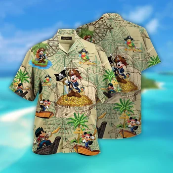 Disney Mickey Treasure Hunt Havajské Košele pánske Mickey Mouse Havajská Košeľa Disney Aloha Tričko Krátky Rukáv Fashion Tričko