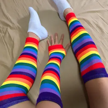 Dámske Rainbow Pruhované Ponožky Nad Kolená, Stehná Vysoké Pančuchy Rameno Teplejšie Rukavice Drop Shipping