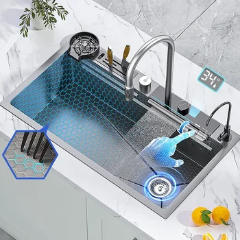 Kuchynský Drez Nerez Digitálny Displej Plastický Vodopád umývadlo Veľké Jeden Slot Multifunkčné Umývanie Povodí
