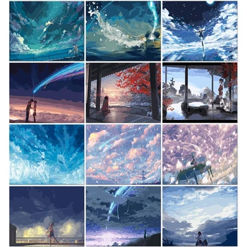Maľovanie Podľa Čísel Na Plátne Anime Sky Scenérie DIY Rám Olej Maľovanie Podľa Čísel Krajiny Handpaint Domova