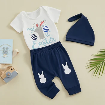 Moja 1. Veľkonočné Oblečenie Bunny Novorodenca Chlapec Romper Nohavice Nastaviť Klobúk Dieťa Krátky Rukáv Crewneck Tričko Topy Bezec