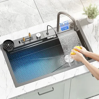 Nerezový kuchynský drez Digitálny Displej Plastický Vodopád Umývadlo Veľké Jeden Slot Multifunkčné Umývadlo