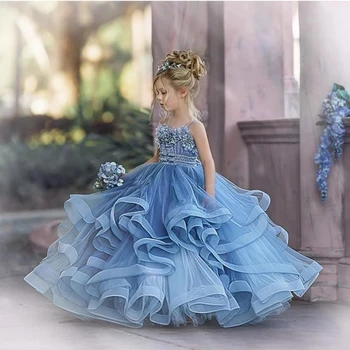Prašnom Modrá Kvetina Dievča Šaty na Svadby Župan De Mariage Deti Sprievod Plášte Tylu Rozstrapatené Prvé sväté Prijímanie Šaty