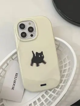 Roztomilé Čierne Fuzzy Mačka Telefónu púzdra pre IPhone 11 12 13 14 15 Pro Max pre IPhone kórejský Vintage Telefón Prípade Bielom Pozadí Darček