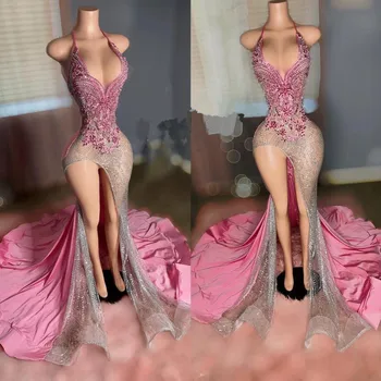 Ružová Luxusné Rúrka Dlhá Večer Formálne Šaty pre Ženy, Iskrivý Crystal Sexy Štrbinou Prom Zapojenie Šaty vestidos para mujer