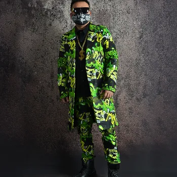 S-6XL!!2023 Pôvodná zelená graffiti hip hop kabát rozšírené vyhovovali vytlačené vyhovovali fáze kaderníctvo šaty šaty