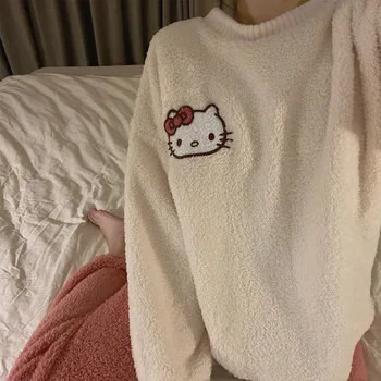 Sanrio Hello Kitty Cinnamoroll Vyšívané dámske Pyžamo Zime okolo Krku Teplé Coral Velvet Bežné Domáce Oblečenie Dievčatá Dary
