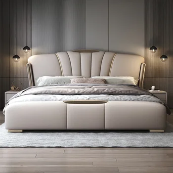 Taliansky ľahké luxusná kožená posteľ, 1.8 m spálňa manželská posteľ, moderný minimalistický kožené umenie posteľ, 1,5 m vysoká box úložný posteľ