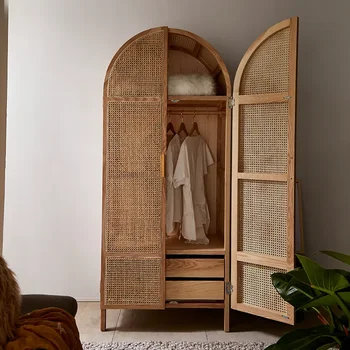 Výrobok je možné prispôsobiť.IN jednoduché ratan umenia kabinet moderného jednoduché masívne drevo rám šatník Nordic posteľ a