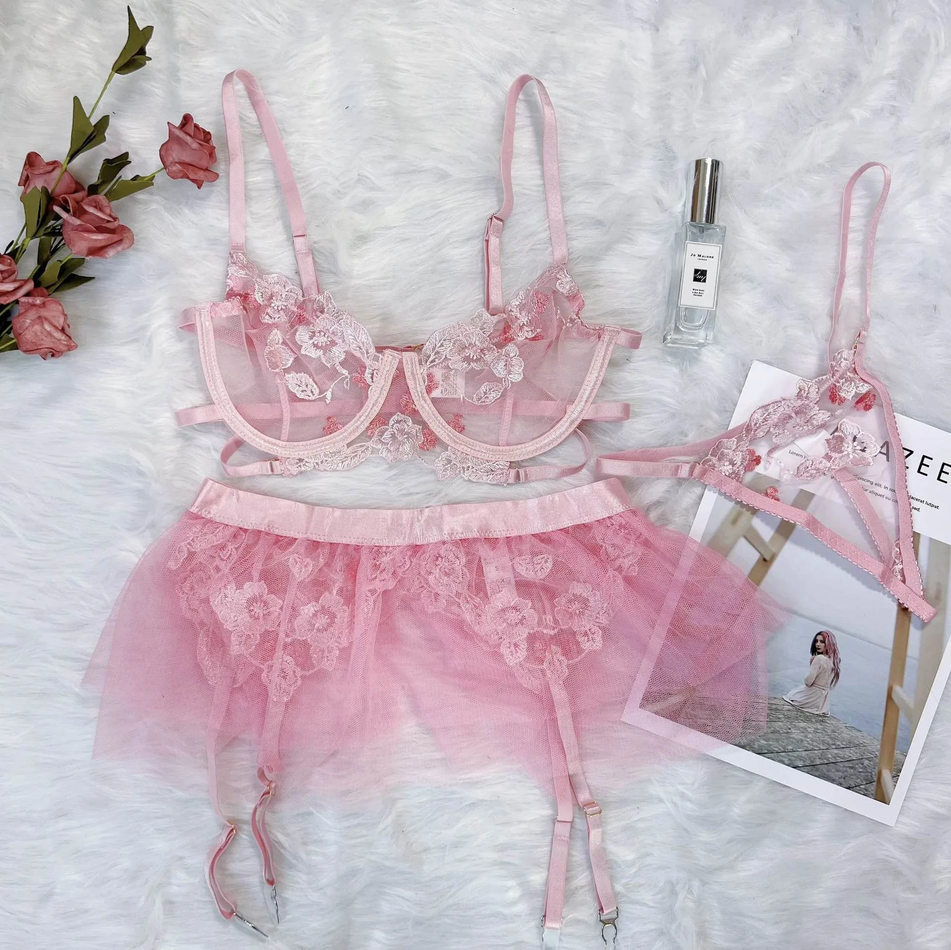 Leosoxs Nádherné Ružové Vyšívané spodné Prádlo Pre Ženy Oka Mini Sukne Exotické Transparentné Fantázie Bielizeň Tenké priehľadné Podprsenka