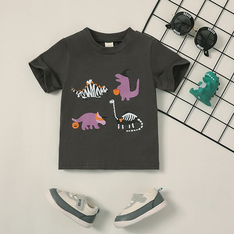 Deti T-shirt Krátkym Rukávom Posádky Krku Dinosaura Tlač Letné Topy Halloween Oblečenie pre Dievčatá Chlapci